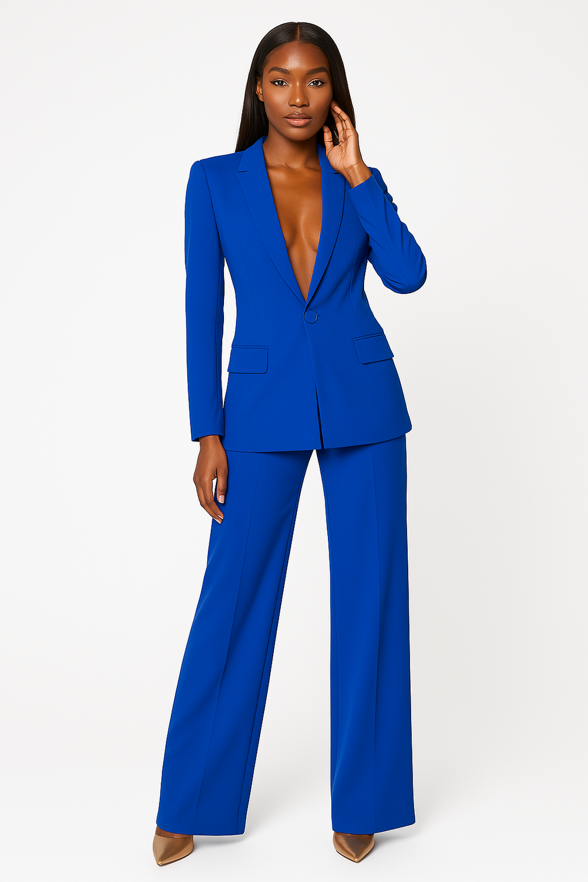 Women’s blazer and trouser set available in royal blue, yellow, white, sky blue, black, and pink – chic business outfit with tailored blazer and matching trousers